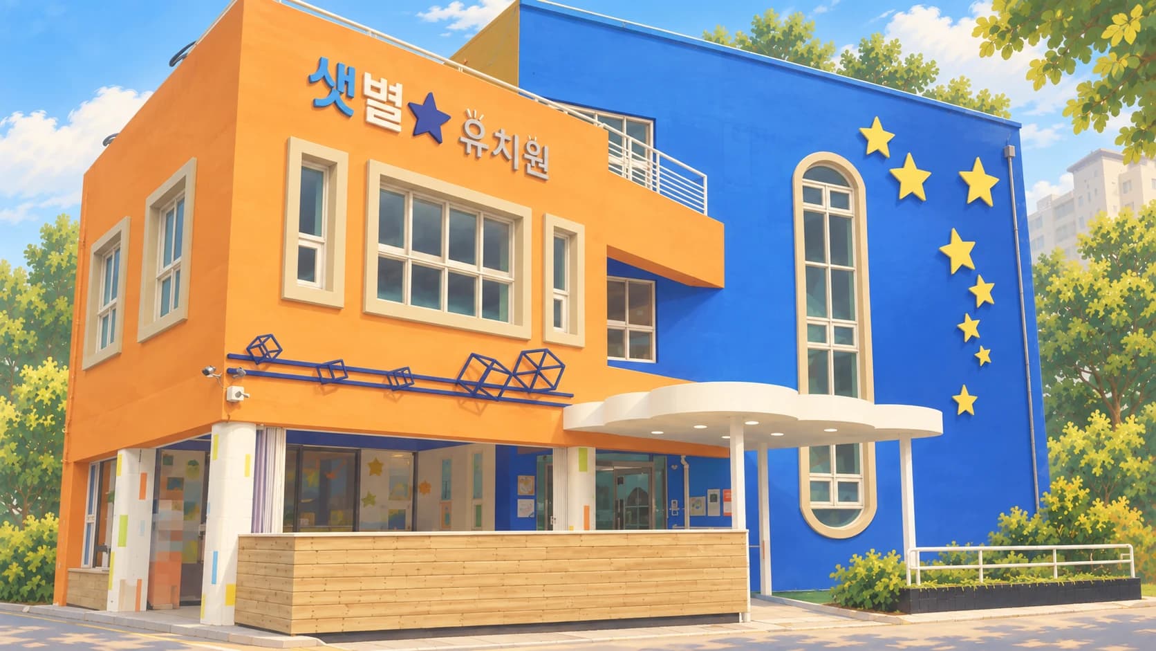 파란 별 외벽과 주황색 건물이 보이는 샛별유치원 외관 삽화